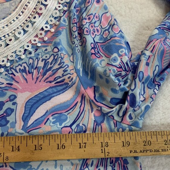 Talbots Women's Size Medium Blue Pink Floral Tunic White Applique 3/4 Sleeve - Picture 4 of 7